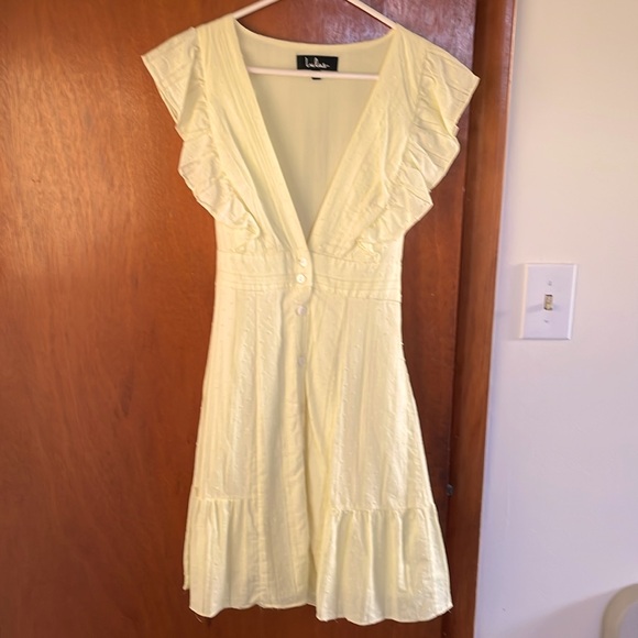 Lulus Daydreamimg of You Yellow Swiss Dot Button-Front Mini Dress Size Small - Picture 5 of 7